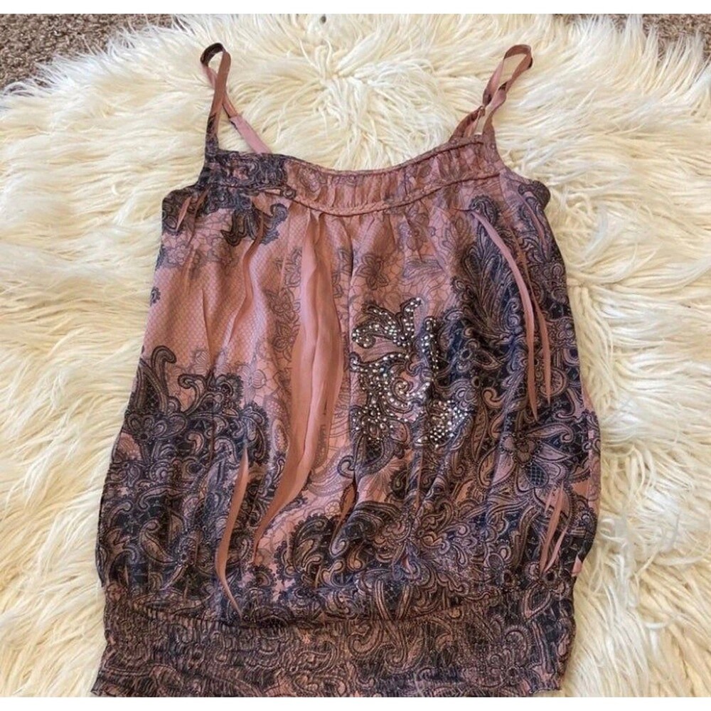 Y2K Vintage Vanity brand Medium pink satiny tank top elastic waist rhinestones